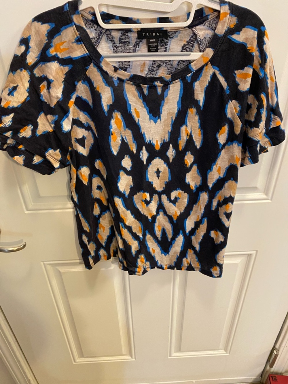 Tribal Short Sleeve Abstract Print Top in Black, Cream, Blue & Orange